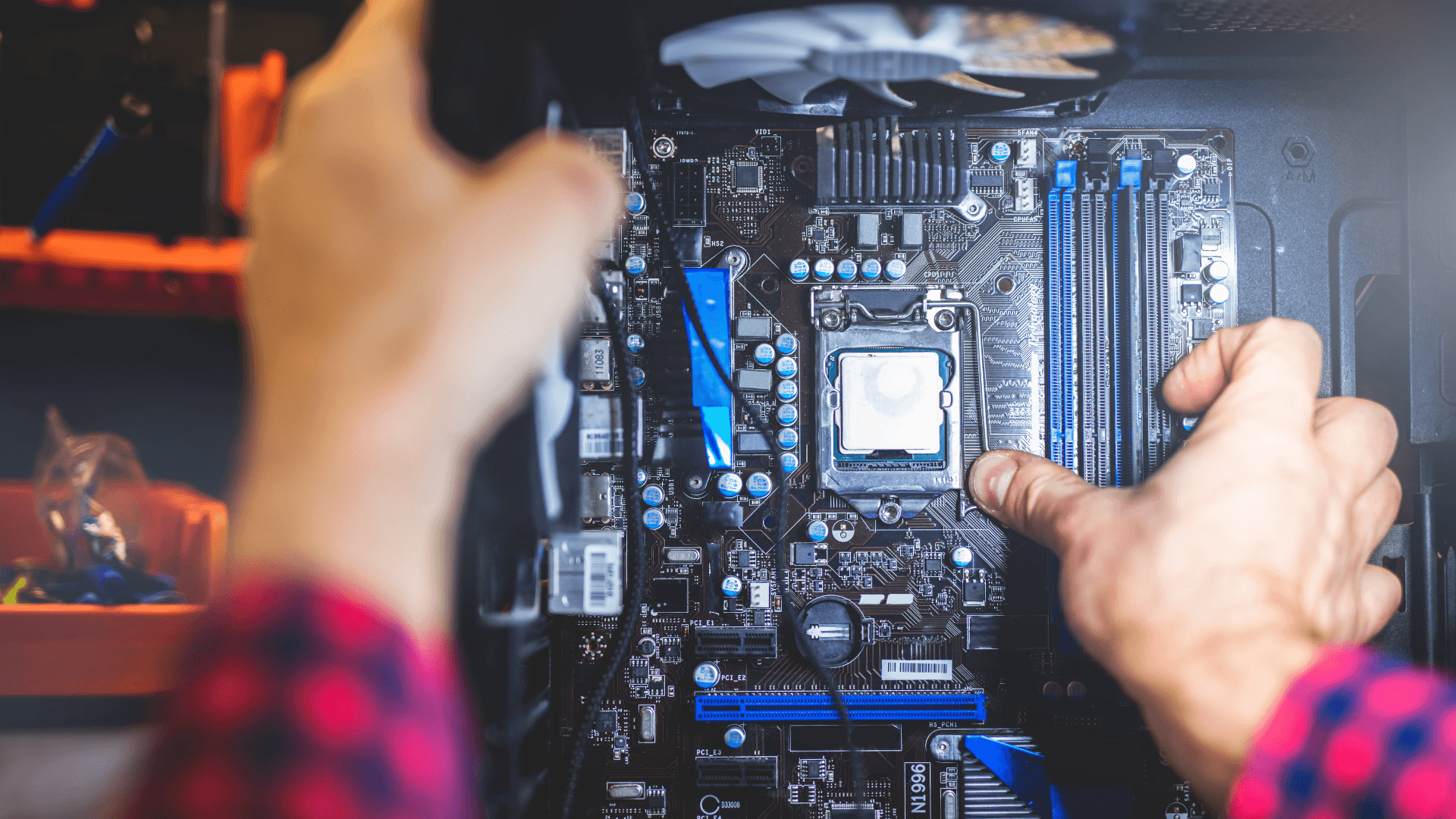 Computer hardware being repaired